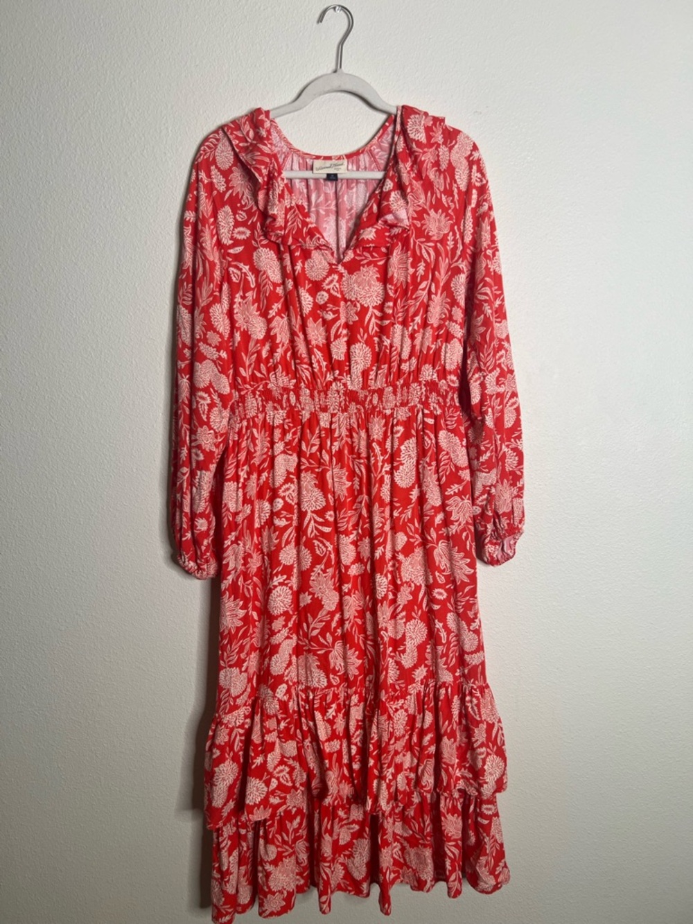 Womens Orange/Red Floral Ruffle Long Sleeve  Dress